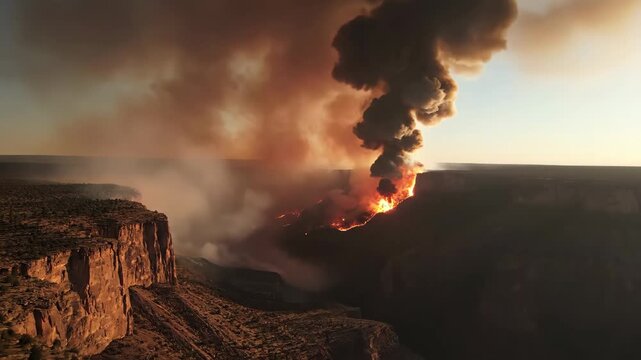 Massive wildfire rages through a deep desert canyon at sunset. Thick plume of smoke rises into the orange sky. Environmental disaster concept.