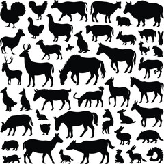 Farm animal silhouette icon set, chicken and cow graphics, pig and goat figures, horse and duck symbols, black vector, white background