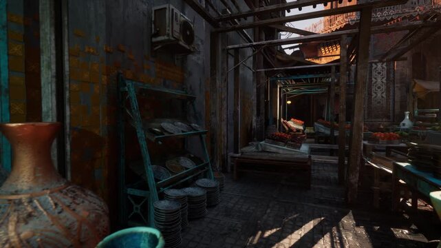 sunlit pottery stall in bazaar alley, weathered vases and ornate urns arranged on crowded shelves, warm rays filtering through wooden beams, textured walls