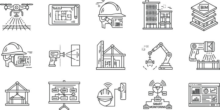 Building information modeling and smart construction technology line icons set with BIM software, drone surveying, robotic automation and digital engineering outline vector collection