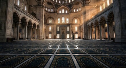 Fototapeta premium Interior Perspective of an Empty Mosque Prayer Hall with Blue Patterned Rugs