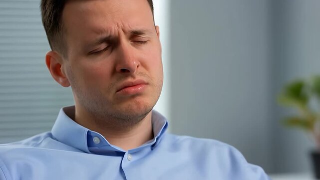 Man showing negative emotions, thinking, office worker, troubled expression, concern, thinking hard,, face.