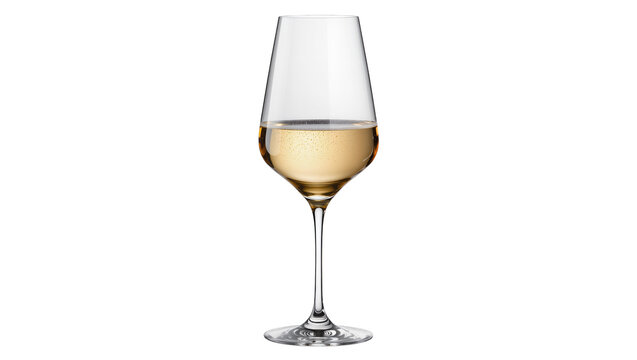 Elegant stemmed glass filled with sparkling golden white wine, effervescent bubbles rising, isolated PNG, perfect for beverage menus and celebratory designs