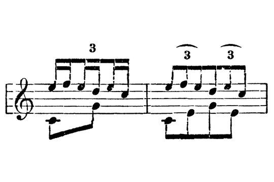 Musical notation with treble clef, notes, triplets, rests, lively passage in two measures, old vintage illustration, 1897.