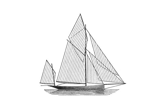 Yawl sailboat with multiple sails and standing rigging, traditional 19th-century yacht design, plain white background, old vintage illustration, 1897.