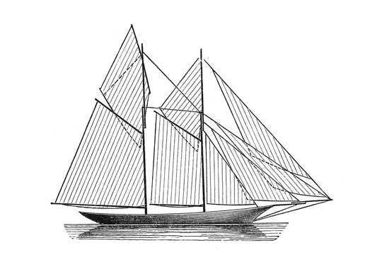 Schooner sailboat with multiple sails and masts, classic 19th-century yacht design on calm waters, old vintage illustration, 1897.