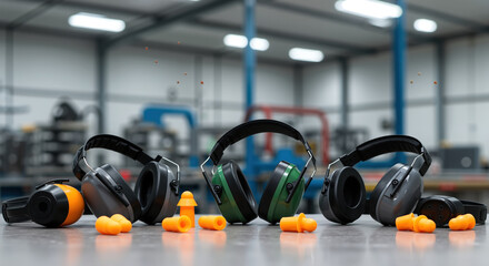 Fototapeta premium Variety of hearing protection gear in industrial workshop. Earmuffs and earplugs for noise reduction in factory. Personal protective equipment for occupational safety