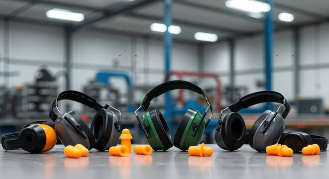 Variety of hearing protection gear in industrial workshop. Earmuffs and earplugs for noise reduction in factory. Personal protective equipment for occupational safety