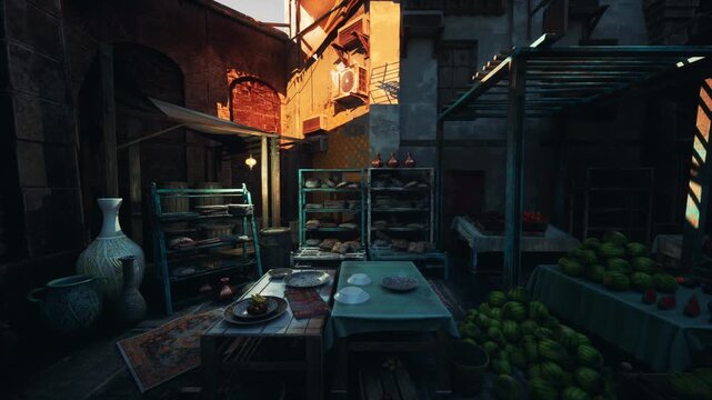golden hour souk with pottery displays, ornate vases and woven rugs illuminated by warm sunlight, stacked crates of fruit and spices, textured stone walls,