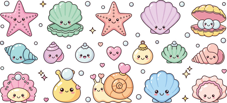 Cute kawaii ocean animals vector illustration with seashells, starfish, snail and marine creatures, pastel underwater cartoon collection for kids design