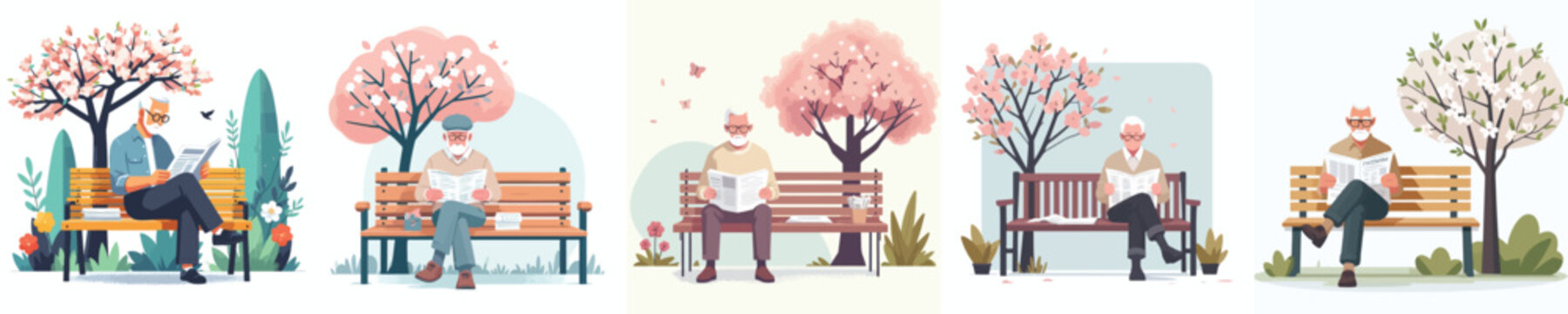 vector of a grandfather sitting on a park bench reading a newspaper during spring