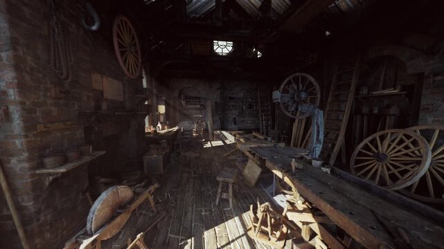 sunlit abandoned barn workshop with wagon wheels, wooden beams, scattered tools, dust motes, cobwebs and warm cinematic shadows evoking nostalgic craftsmanship