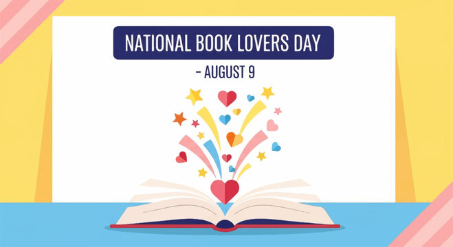 National book lovers day august 9 heart and stars exploding from open book colorful