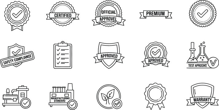 Certification and quality guarantee badges line icons set with approved, premium, verified, warranty and industry certification symbols outline vector collection