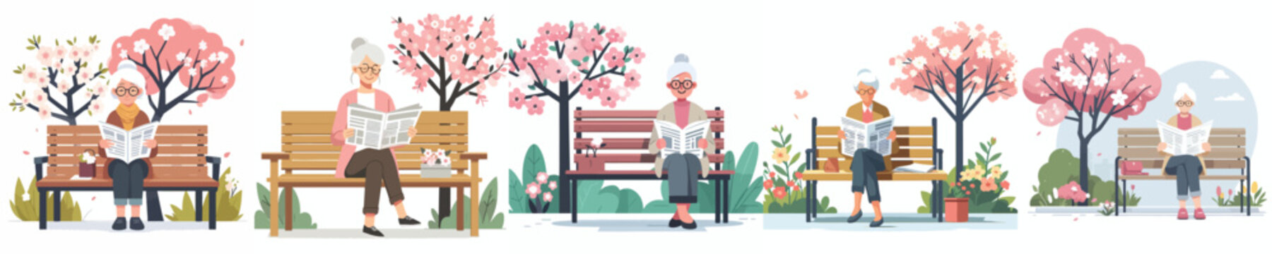 vector of a grandmother sitting on a park bench reading a newspaper during spring