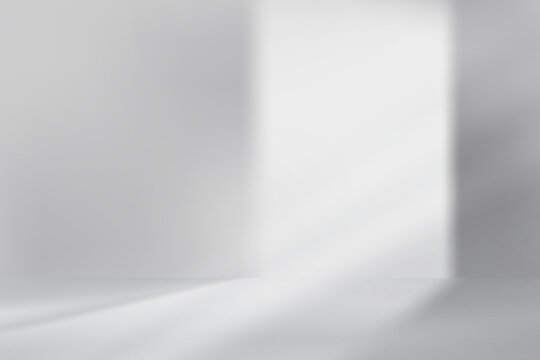 Background white wall.Studio kitchen and light,shadow on floor,Empty grey podium for product cosmetic,Backdrop Room 3d countertop display mockup,Minimal gray gradient color with nature light window  