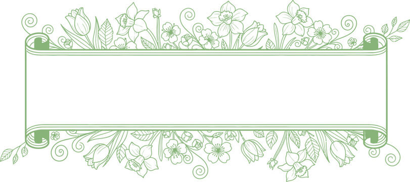 Graceful spring floral banner featuring intricate line art of daffodils, tulips, and cherry blossoms, framing a central blank space ideal for custom text, invitations, or elegant decorative elements.