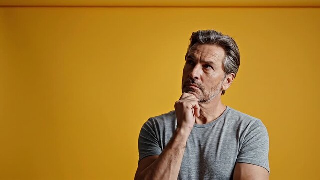Portrait of a pensive mature man thinking over yellow background