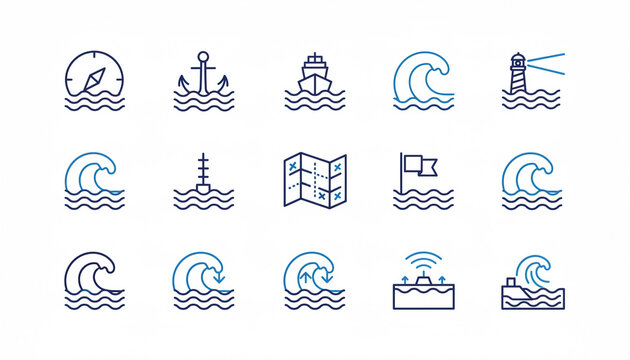 Nautical Navigation Wave Icons Set - 10 Maritime Motifs with Compass Anchor Ship Lighthouse in Navy Blue - Sailing and Boating Line Art for Marine Design