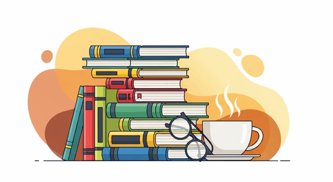 Stack of colorful books with glasses and steaming coffee cup on a cozy background