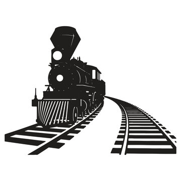 Classic black silhouette of an antique steam locomotive powerfully chugging along a curved railroad track symbolizing journey and vintage transportation against a clean backdrop