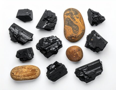 Assorted black crystals and smooth stones on white