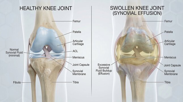 Comparison of a healthy knee joint with a swollen knee joint showing synovial effusion and labeled anatomical structures