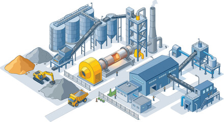 Concrete cement factory plant with silos mixer truck bulldozer and workers isometric vector illustration flat design © VectoInfinity 