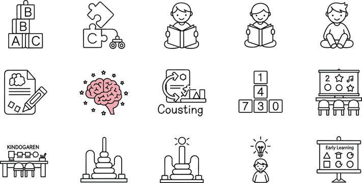 Early childhood education and preschool learning line icons set with alphabet blocks, reading kids, counting numbers and classroom activities outline vector collection