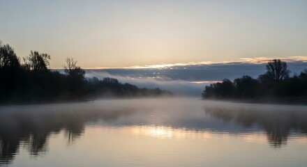 Fototapeta premium Misty river with bare trees at sunrise creating a serene landscape