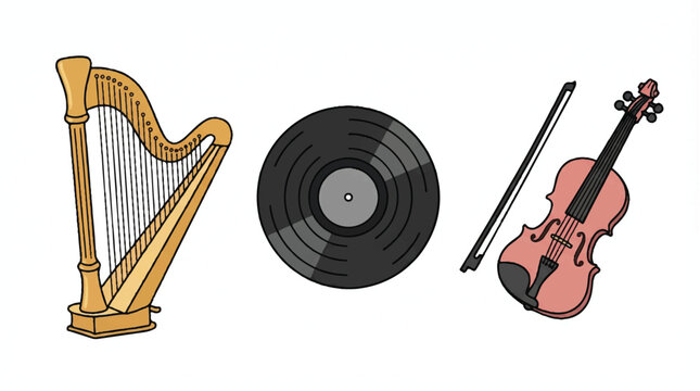 Cartoon musical instruments including harp vinyl record and violin