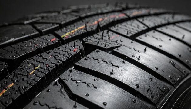 A close-up of a new black car tire shows the detailed rubber tread pattern of an automobile wheel against a textured winter road background