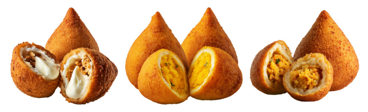 Fried Brazilian coxinhas cone snack filled shredded chicken cheese with golden crispy texture isolated on white background