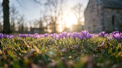 Obraz premium Beautiful purple crocus flowers blooming in a field during a golden sunset