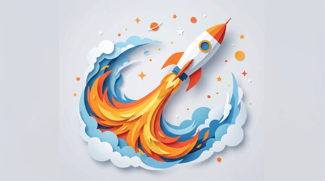 Colorful illustration of a rocket ship blasting off into space with flames and clouds