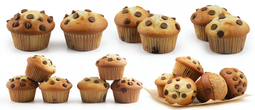 Assorted chocolate chip muffins on white background