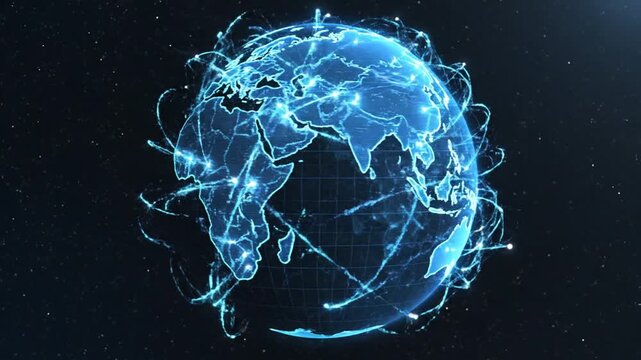 Illuminated digital globe representing a vast global network, showcasing worldwide data flow, advanced connectivity, and modern technological communication infrastructure