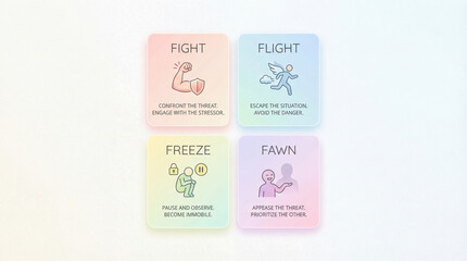 Stress response chart explains trauma reactions. Four responses infographic shows fight, flight, freeze, fawn patterns for therapy education, nervous system awareness, coping insight