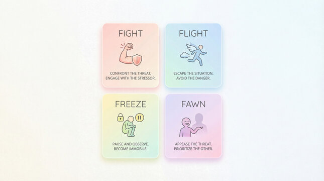 Stress response chart explains trauma reactions. Four responses infographic shows fight, flight, freeze, fawn patterns for therapy education, nervous system awareness, coping insight