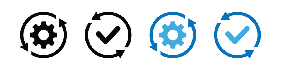 Sync process icons with circular arrows, Settings gear and check mark symbols, update process, automation and system workflow concept. Transparent PNG and vector