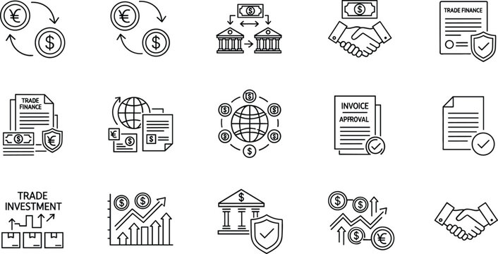 International trade finance and business agreement line icon set featuring currency exchange banking partnership investment growth invoice approval and global commerce
