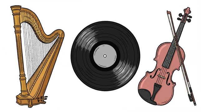 Harp vinyl record and violin musical instruments on white background
