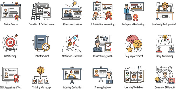 Online education and career development icon set featuring course certification goal setting professional mentoring productivity growth training workshop and creative learning concepts