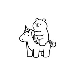 Fototapeta premium A cute cartoon bear riding a unicorn with a happy expression on a white background