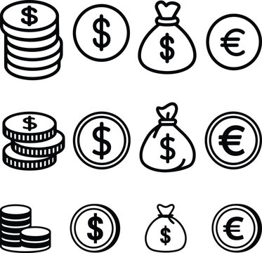 Money and Finance Line Icon Set with Dollar Coins Euro Currency and Wealth Bag Symbols