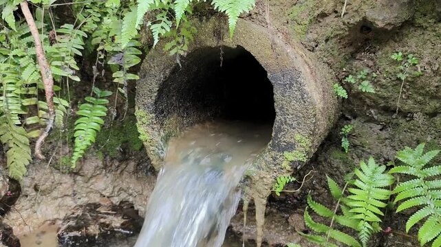Murky water flows out of a concrete cement pipe embedded in a mossy, rocky embankment surrounded by lush green ferns.