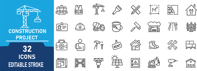 Construction Project Line Icon Set. Contain to related icons builder, engineering, tools, crane, blueprint, safety and building construction. Editable stroke. Vector illustration. © PixiLine