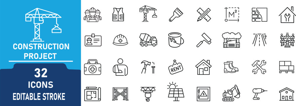 Construction Project Line Icon Set. Contain to related icons builder, engineering, tools, crane, blueprint, safety and building construction. Editable stroke. Vector illustration.