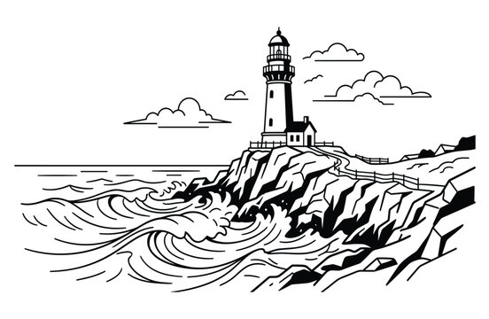 Coastal lighthouse on cliff overlooking stormy sea with waves and path