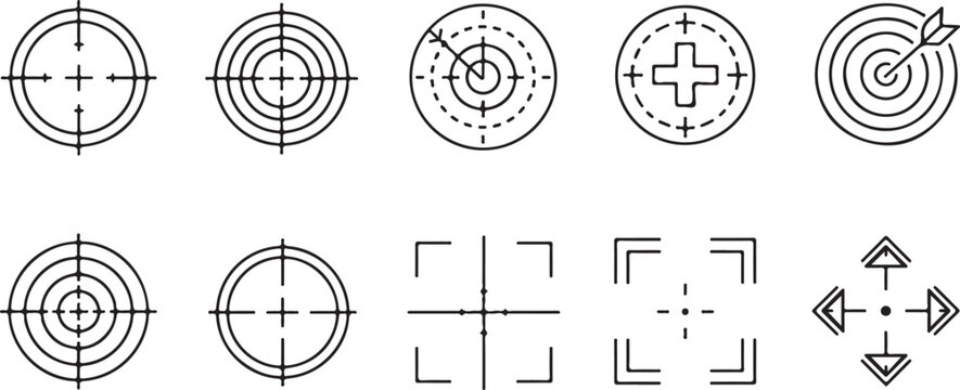 Targeting reticle set with optical sight markers and goal seeking symbols for tactical navigation and focus measurement technology